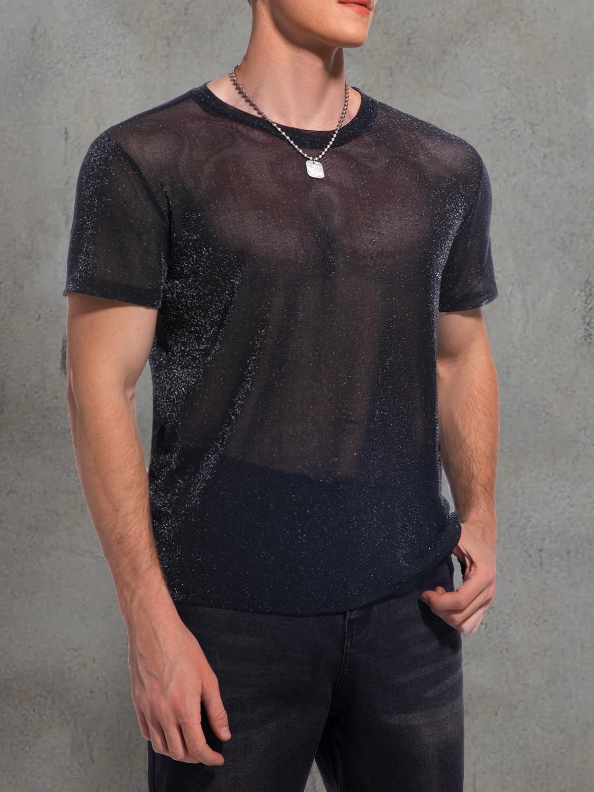 top résille paillettes homme transparent soirée techno clubwear - photo 4