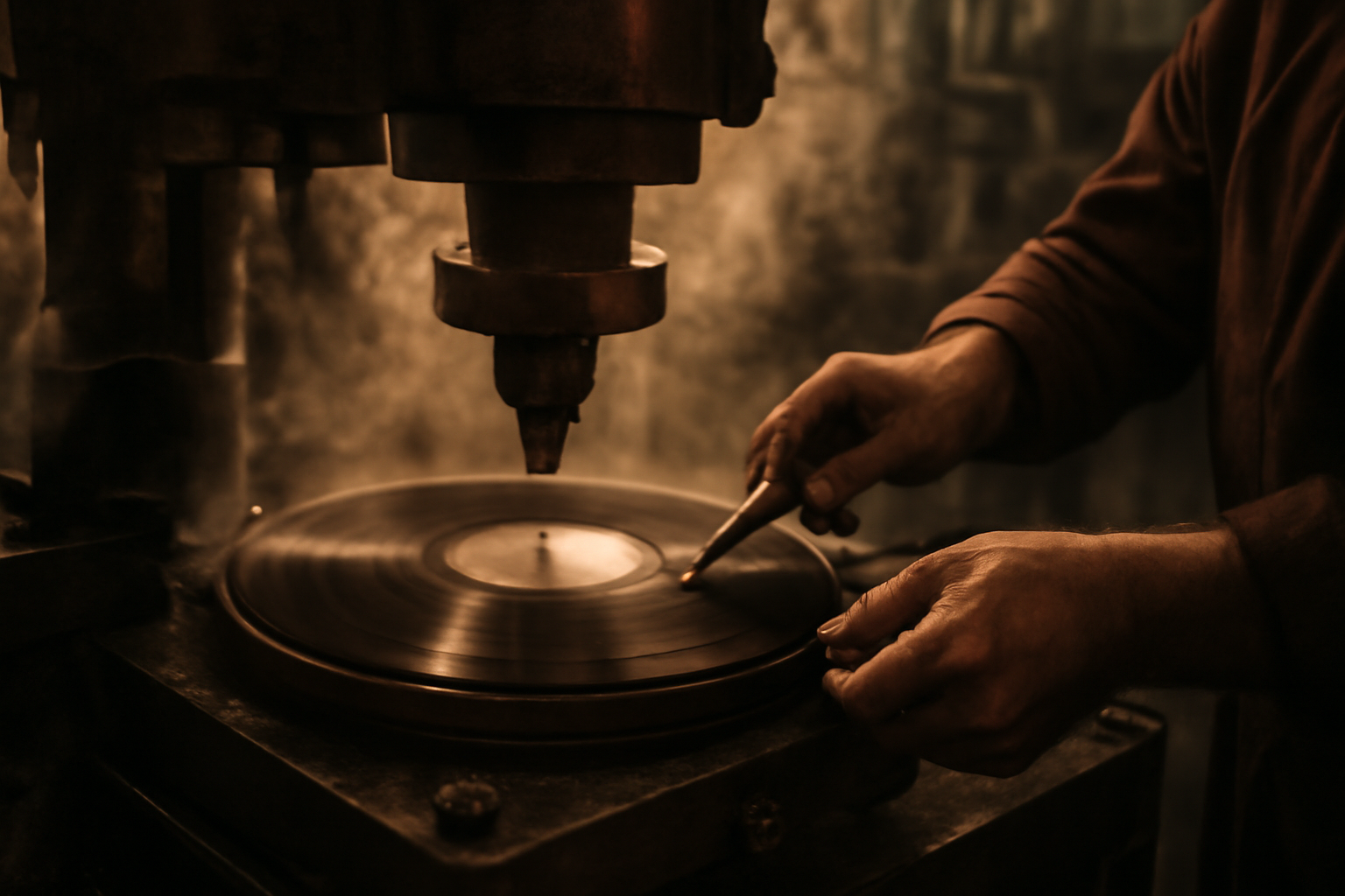 Intérieur d'une usine de pressage de vinyle, galette noire pressée entre deux stampers métalliques