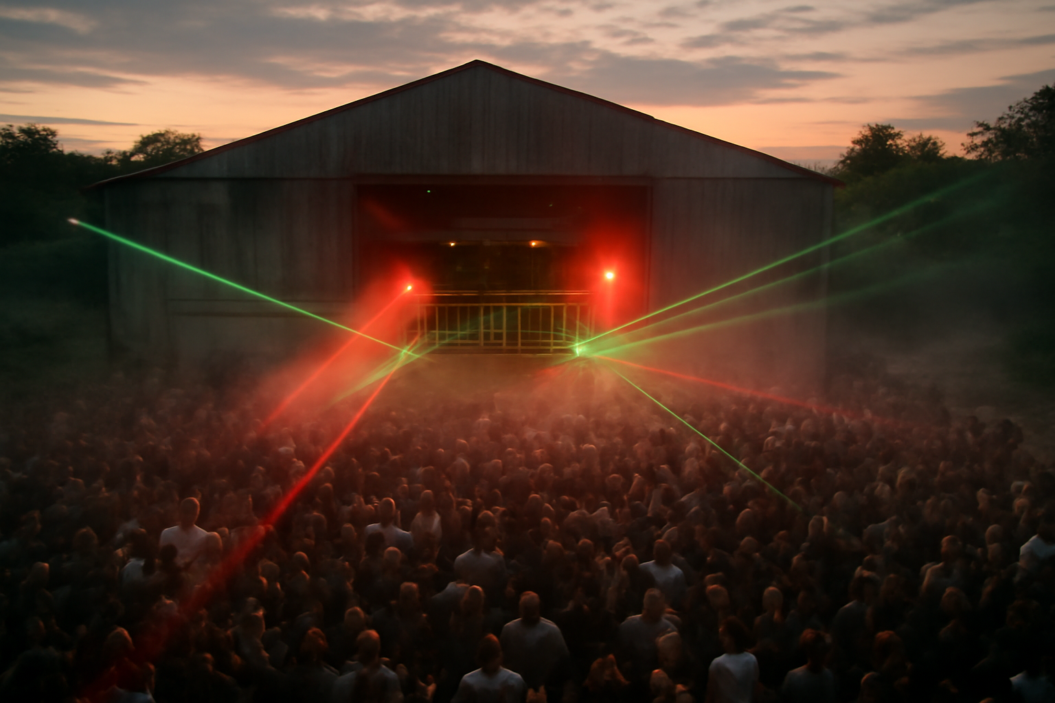 Free party dans un entrepot avec sound system et foule au crepuscule